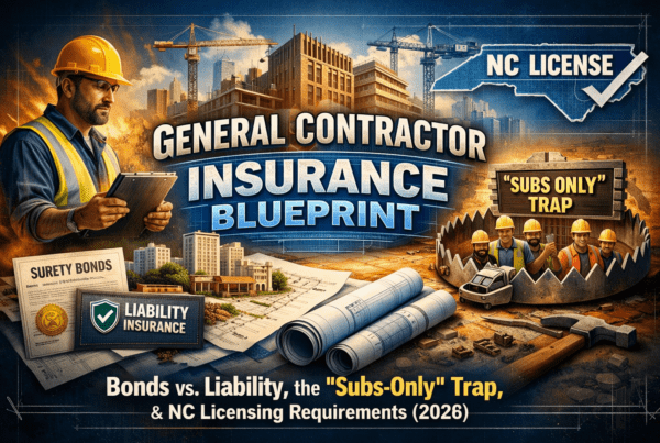 General contractor reviewing plans on a jobsite with blueprint overlay showing bonds vs liability, subs only trap warning, and North Carolina licensing requirements 2026