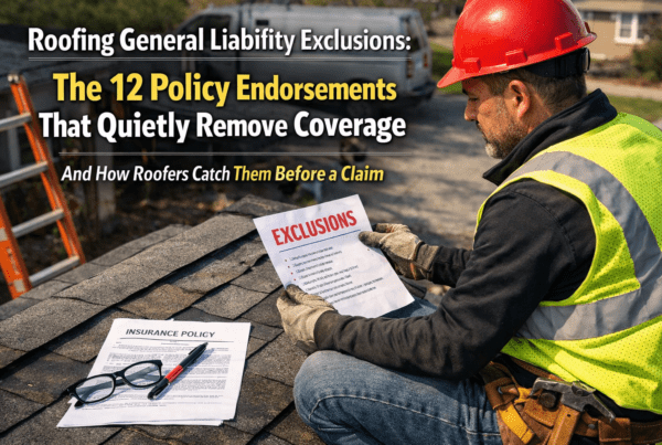 Roofer reviewing general liability policy exclusions and endorsements before a claim
