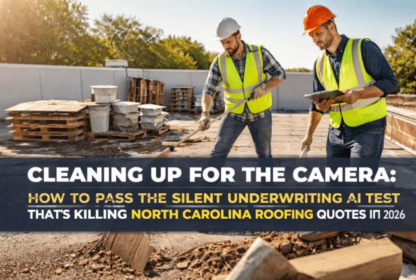 Two roofing professionals inspecting and cleaning a commercial flat roof to reduce underwriting risk and improve insurability in North Carolina