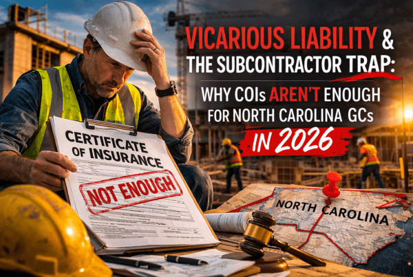 North Carolina general contractor reviewing subcontractor certificate of insurance and risk documents on an active construction site