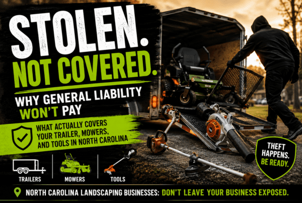 Hooded thief stealing landscaping equipment from a trailer, showing why North Carolina landscapers need inland marine coverage for mowers, trailers, and tools.
