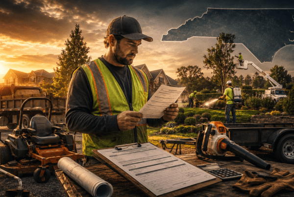 North Carolina landscaping business owner reviewing insurance paperwork near mowers, tools, trucks, and crew at a job site.