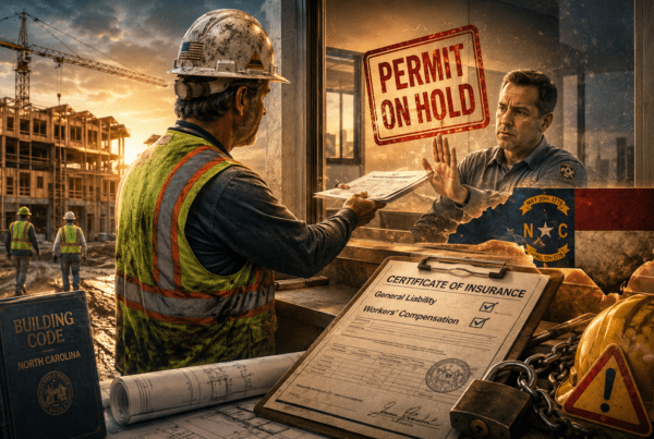 North Carolina general contractor at a permit counter reviewing insurance paperwork, blueprints, and certificate documents before a building permit is issued.