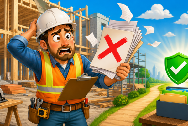 Cartoon general contractor holding rejected workers comp paperwork at a construction site with a green approval shield showing better coverage options.