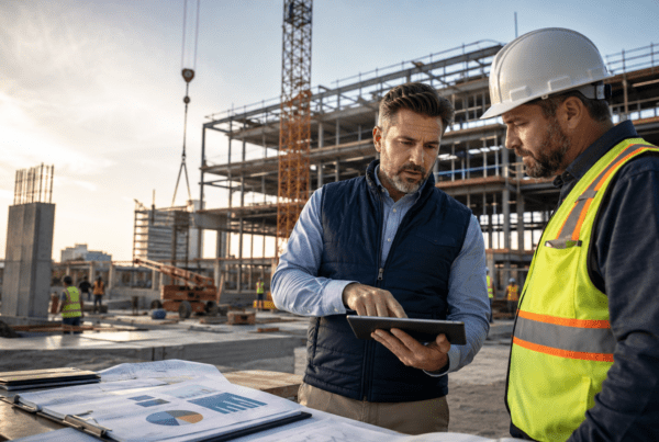 Insurance advisor reviewing workers comp claim risk and bonding capacity with a general contractor on a North Carolina construction site.